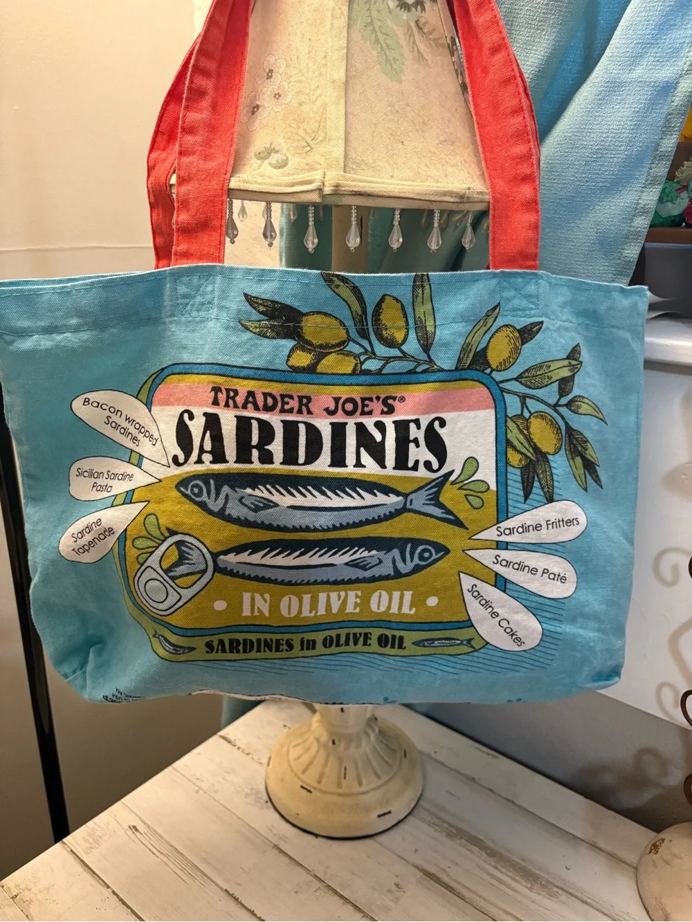 Trader Joe's Sardines Canvas Tote Bag in Turquoise and Red